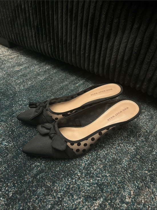 Who What Wear Shoes - Who What Wear Black Polka Dot Mesh Bow Pointed Slip-On Mules